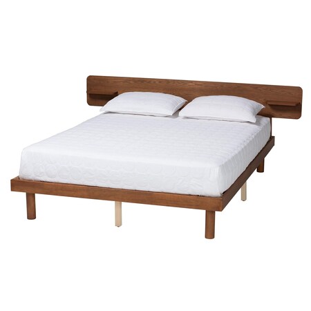 Baxton Studio Morana Mid-Century Modern Walnut Brown Finished Wood Queen Size Platform Bed with Built-in Shelf 243-13439-ZORO